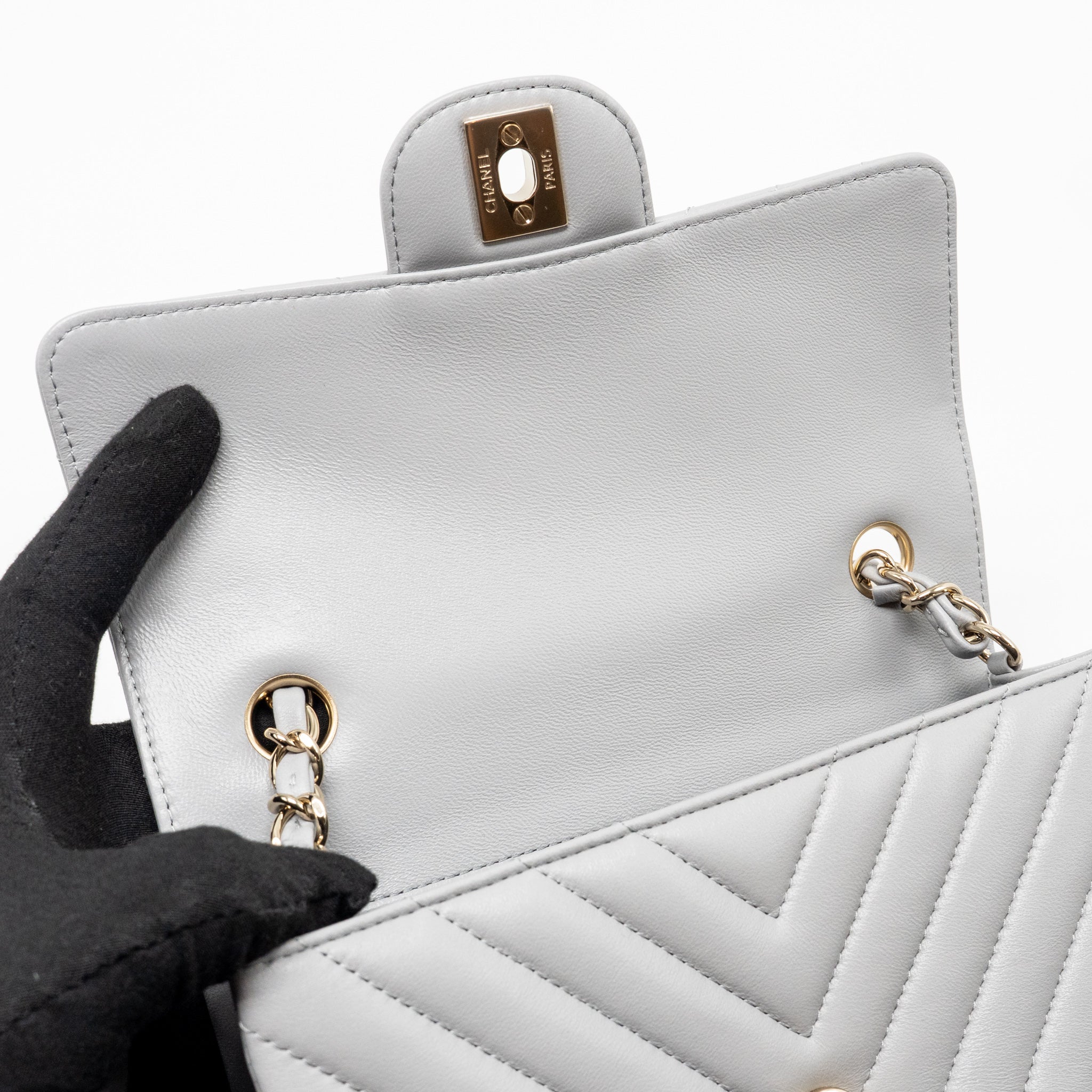CHANEL MINI RECTANGULAR FLAP BAG CHEVRON LAMBSKIN GREY LGHW