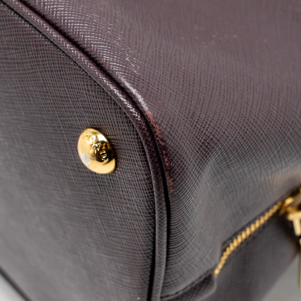 PRADA SAFFIANO VERNICE PROMENADE LARGE DOME TOTE BAG LEATHER MOGANO GHW