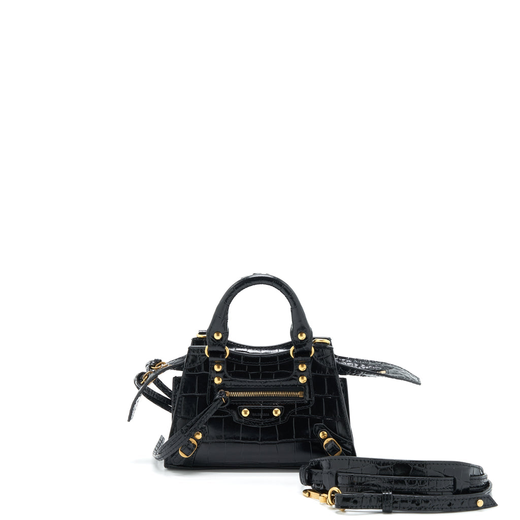 BALENCIAGA NANO NEO CLASSIC CITY BAG CROC-EMBOSSED CALFSKIN BLACK GHW