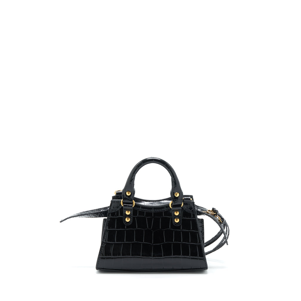 BALENCIAGA NANO NEO CLASSIC CITY BAG CROC-EMBOSSED CALFSKIN BLACK GHW