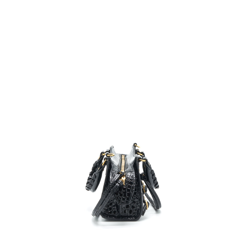 BALENCIAGA NANO NEO CLASSIC CITY BAG CROC-EMBOSSED CALFSKIN BLACK GHW