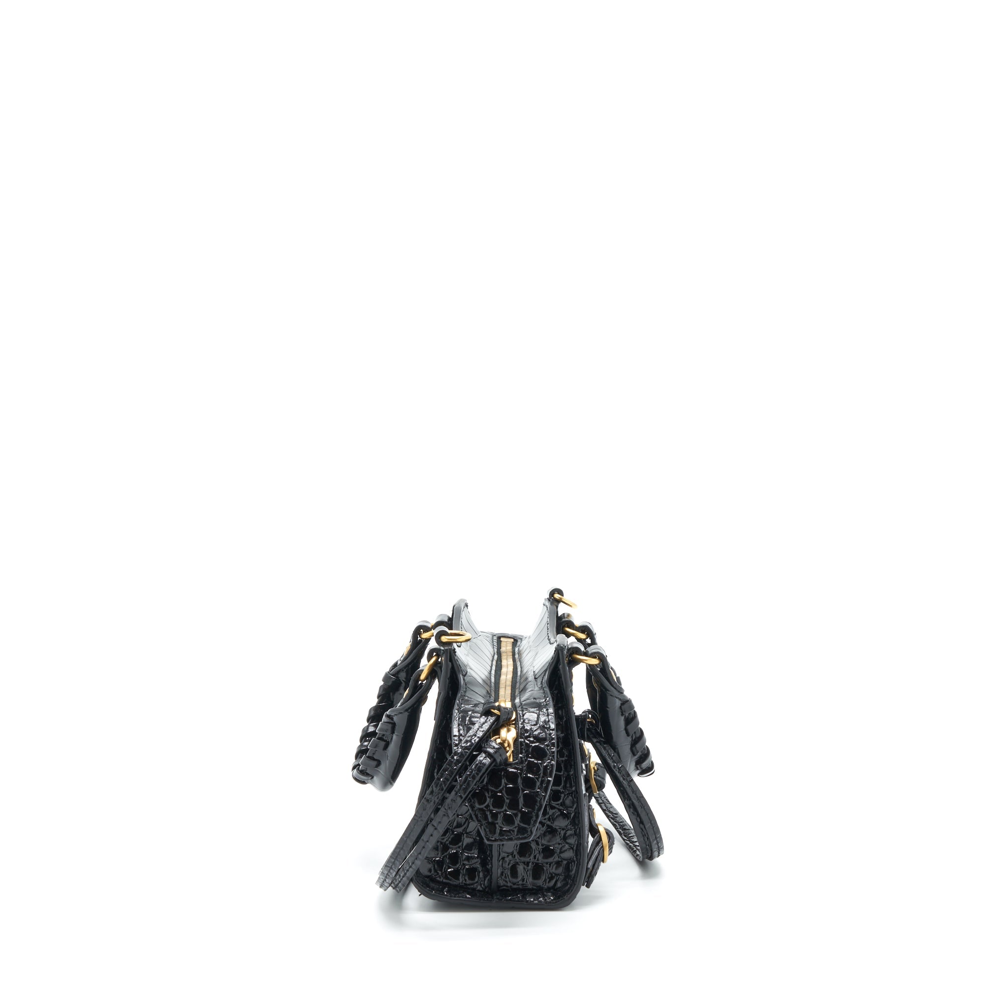 BALENCIAGA NANO NEO CLASSIC CITY BAG CROC-EMBOSSED CALFSKIN BLACK GHW