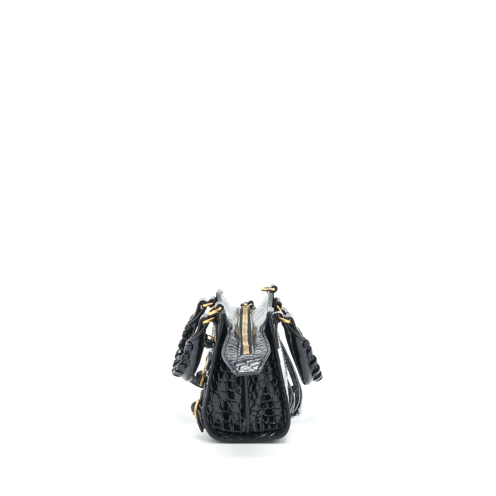 BALENCIAGA NANO NEO CLASSIC CITY BAG CROC-EMBOSSED CALFSKIN BLACK GHW