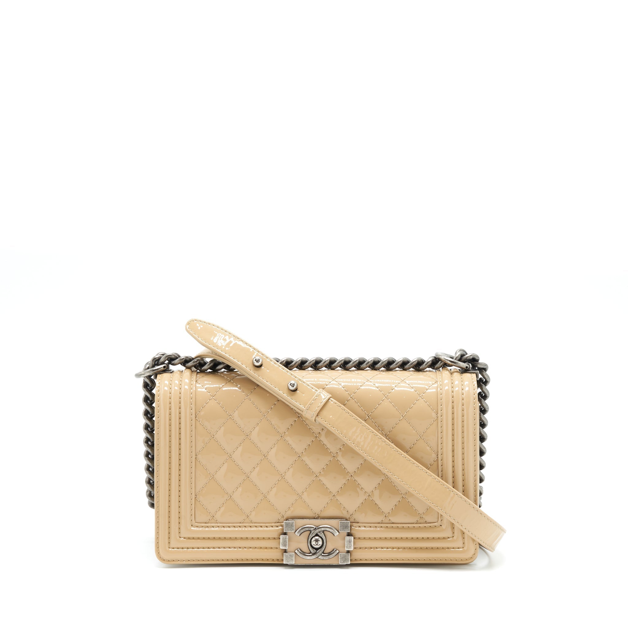 CHANEL MEDIUM BOY PATENT LIGHT BEIGE RUTHENIUM SLIVER HARDWARE