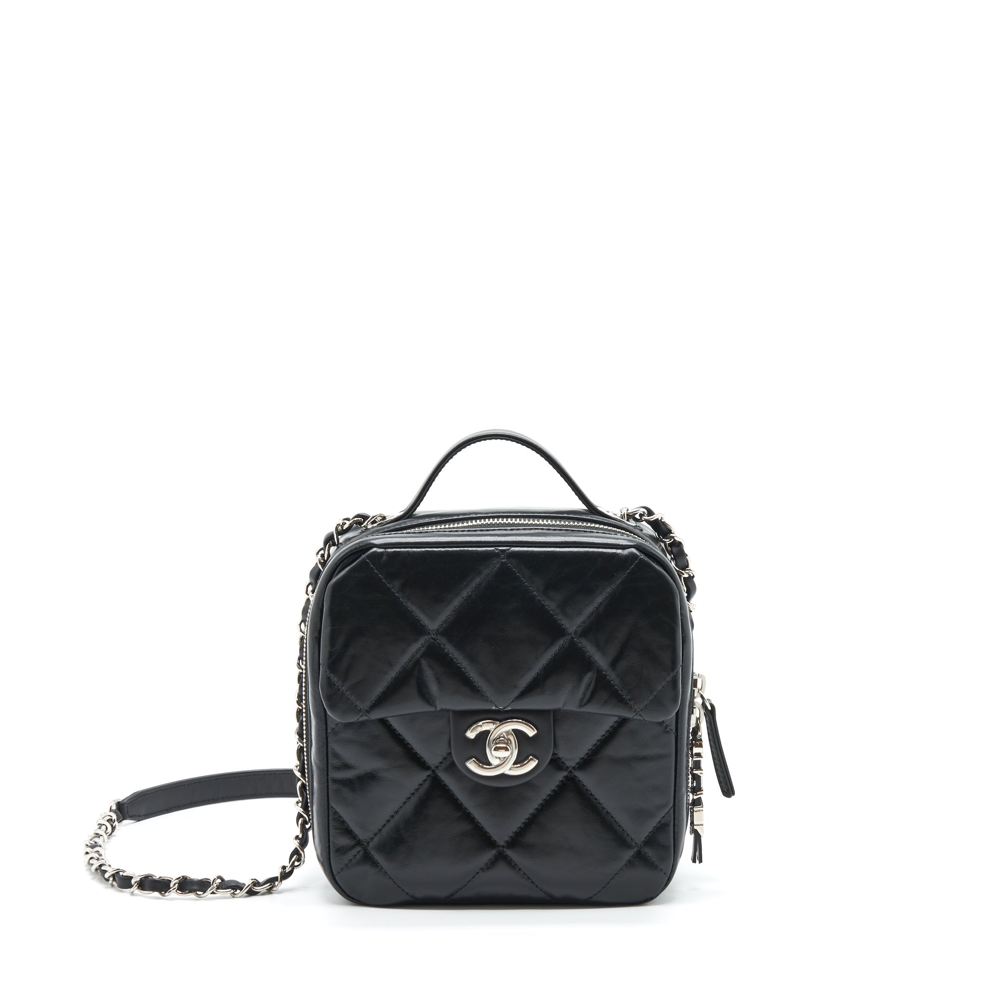 CHANEL QUILTED VERTICAL TOP HANDLE BAG CALFSKIN BLACK SHW