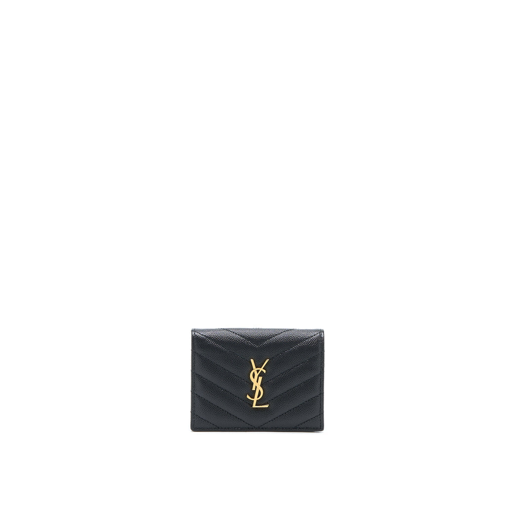 SAINT LAURENT / YSL PEBBLED LOGO PLAQUE CARDHOLDER GRAINED CALFSKIN BLACK GHW