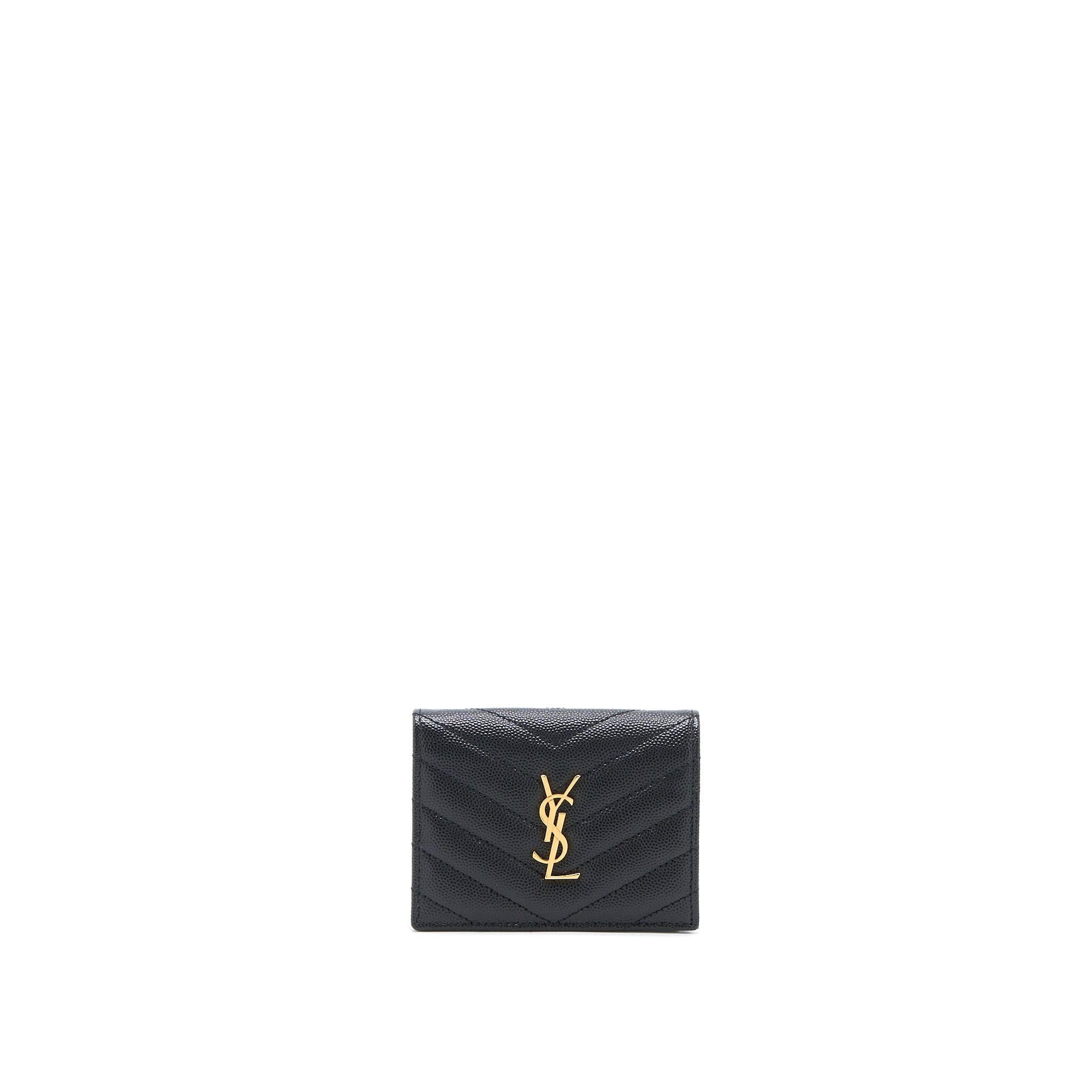 SAINT LAURENT / YSL PEBBLED LOGO PLAQUE CARDHOLDER GRAINED CALFSKIN BLACK GHW