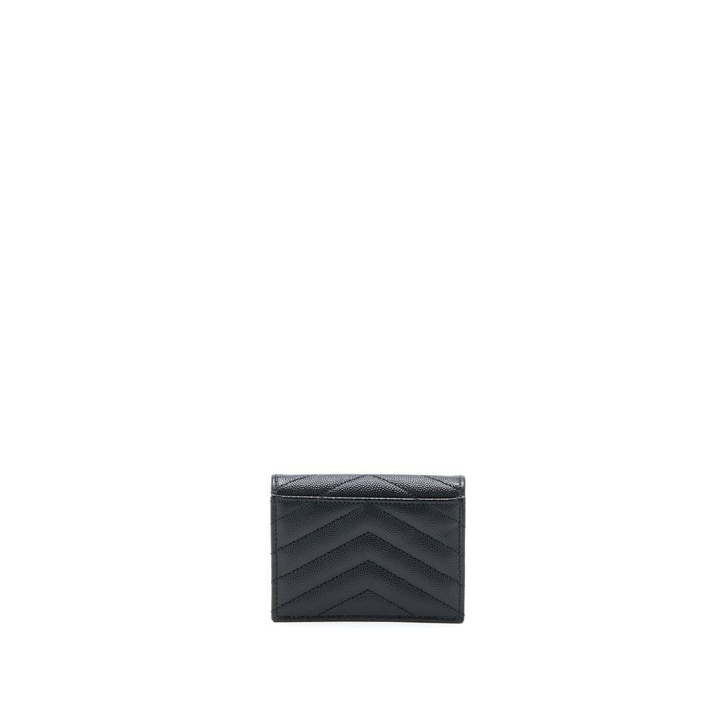 SAINT LAURENT / YSL PEBBLED LOGO PLAQUE CARDHOLDER GRAINED CALFSKIN BLACK GHW