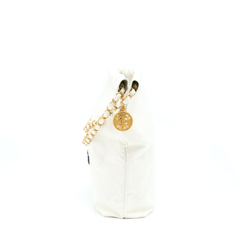CHANEL SMALL 22 BAG SHINY CALFSKIN WHITE GHW (MICROCHIP)