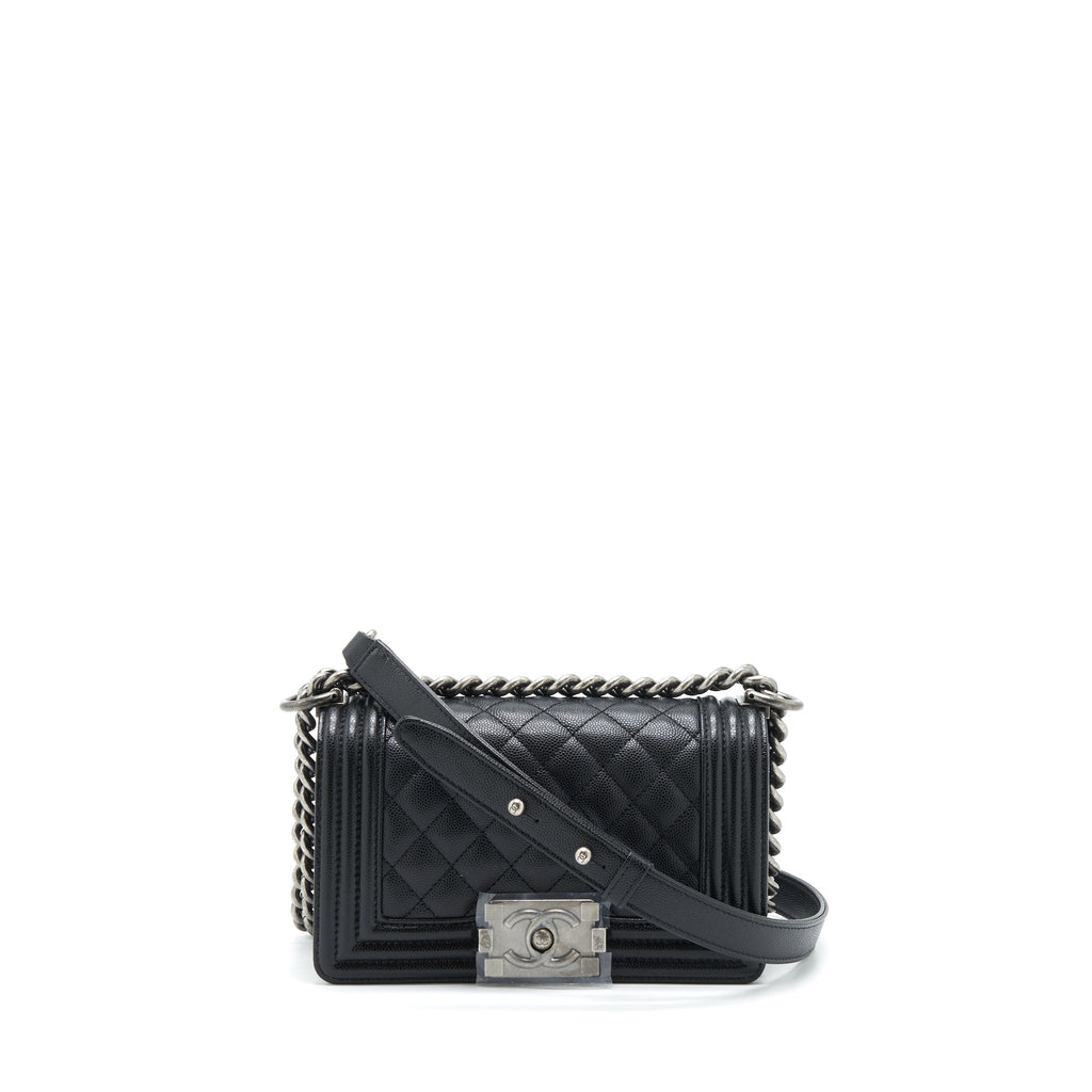 CHANEL SMALL BOY BAG CAVIAR BLACK RUTHENIUM SLIVER HARDWARE (MICROCHIP)