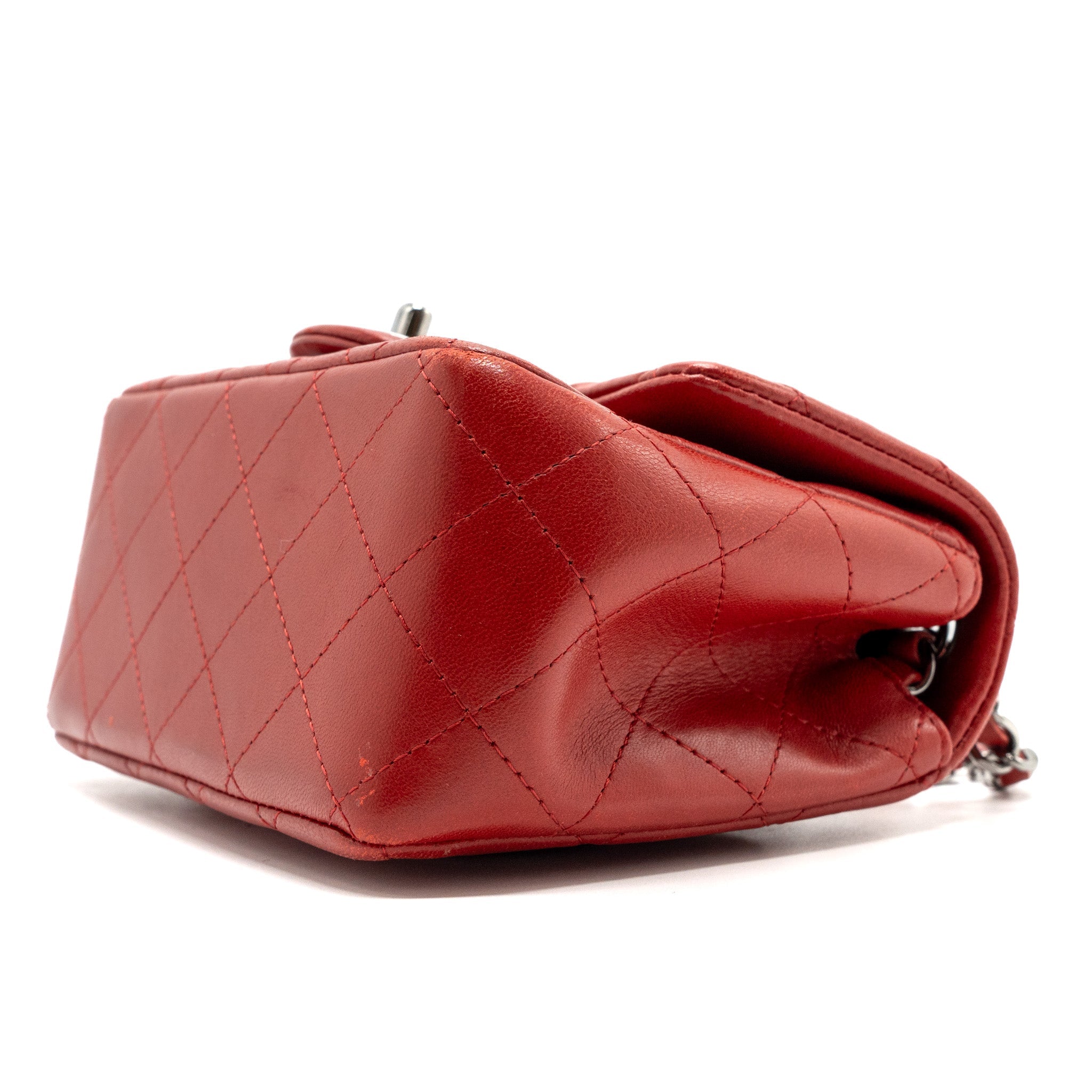 CHANEL MINI SQUARE FLAP BAG LAMBSKIN RED BLACK HARDWARE