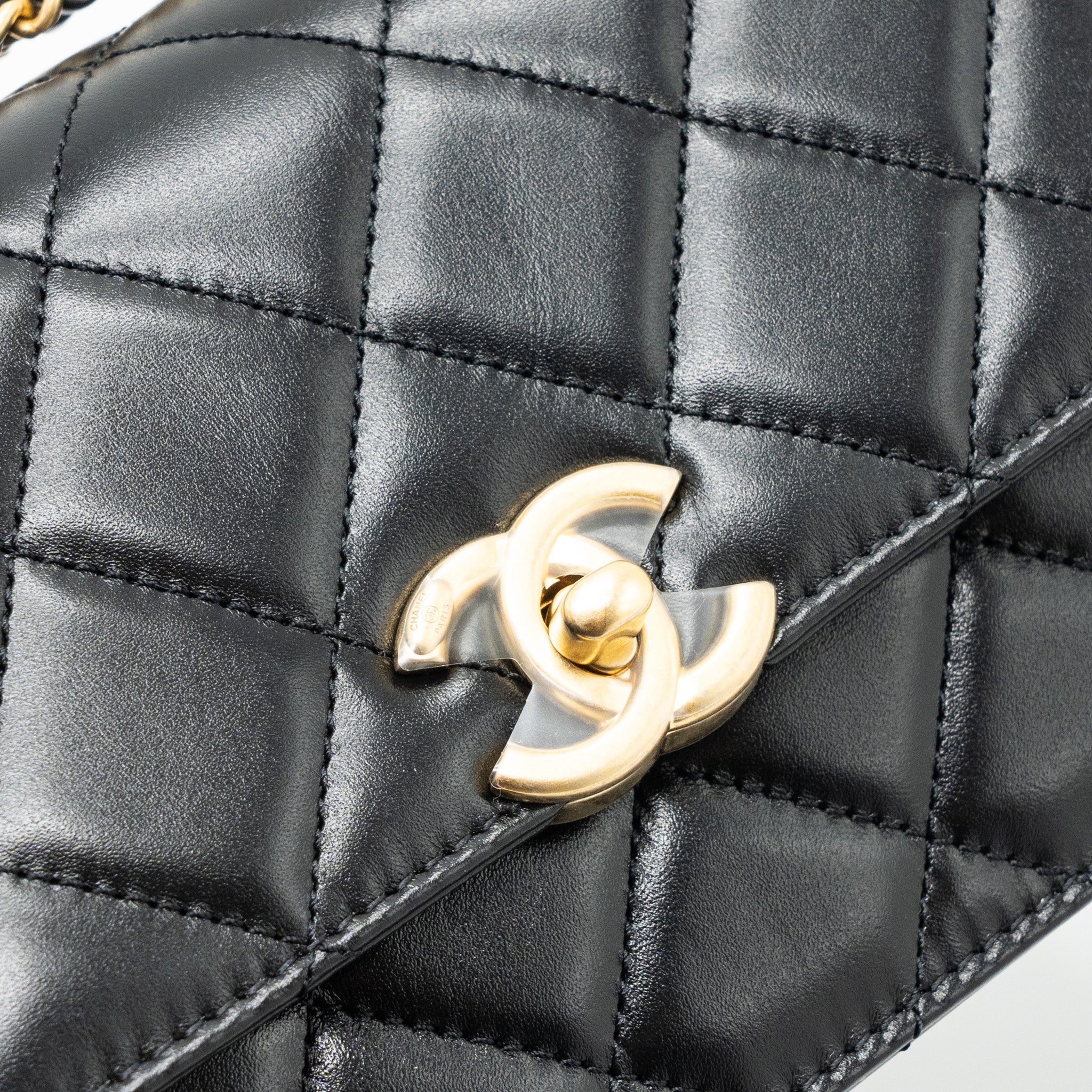 CHANEL 24C GOLD CRUSH MINI FLAP BAG CALFSKIN BLACK GHW (MICROCHIP)
