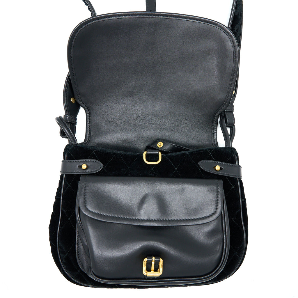 PRADA CORSAIRE HOBO BAG VELVET/LEATHER BLACK GHW