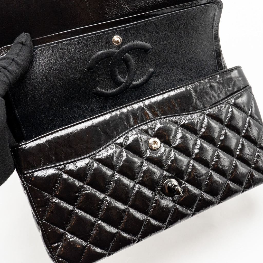 CHANEL MEDIUM CLASSIC DOUBLE FLAP BAG PATENT SO BLACK