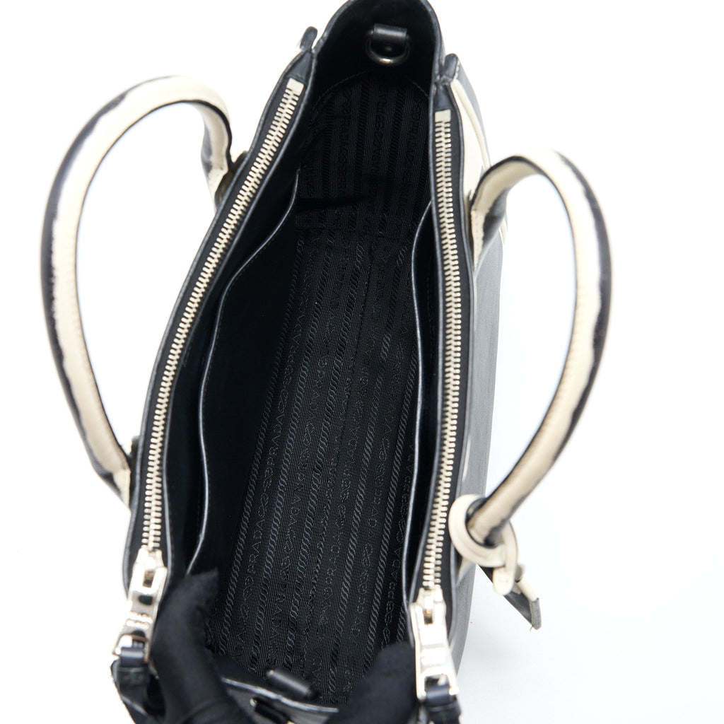 PRADA DOUBLE ZIP TOTE BAG CALFSKIN BLACK/WHITE SHW