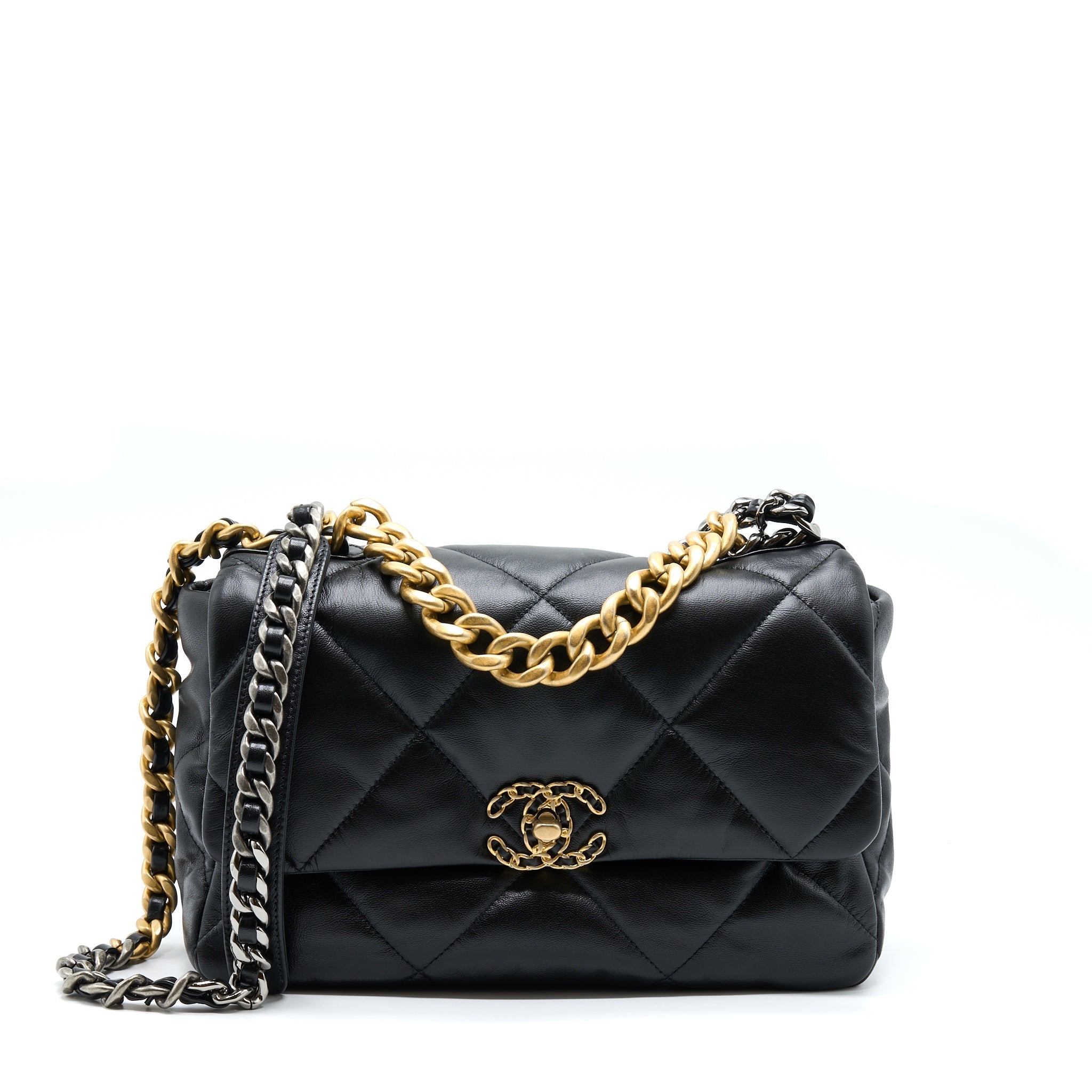 CHANEL MEDIUM 19 BAG GOATSKIN BLACK WITH MULTICOLOUR HARDWARE