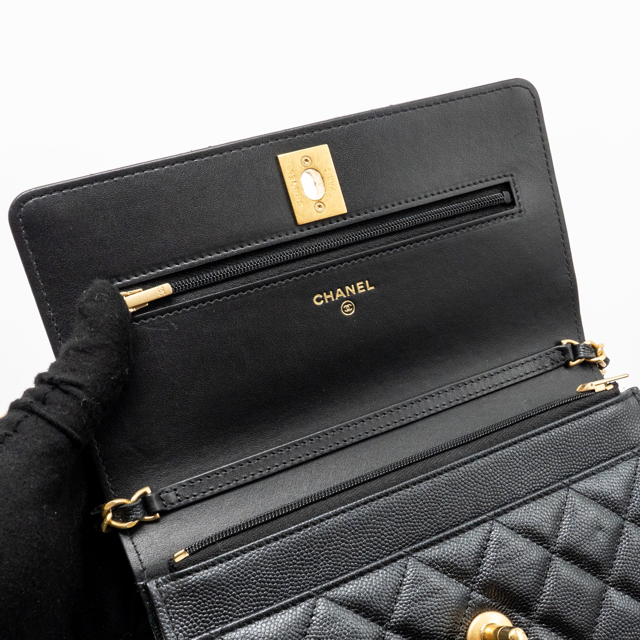 CHANEL 23B WALLET ON CHAIN WITH ADJUSTABLE CHAIN CAVIAR BLACK GHW (MICROCHIP)