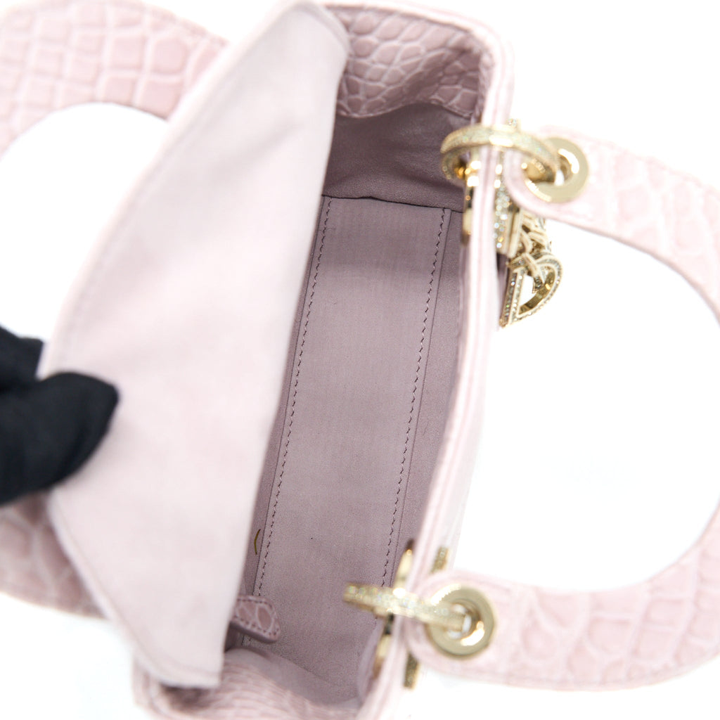 DIOR MINI LADY DIOR ALLIGATOR MISSISSIPPIENSIS LIGHT PINK CRYSTAL LGHW