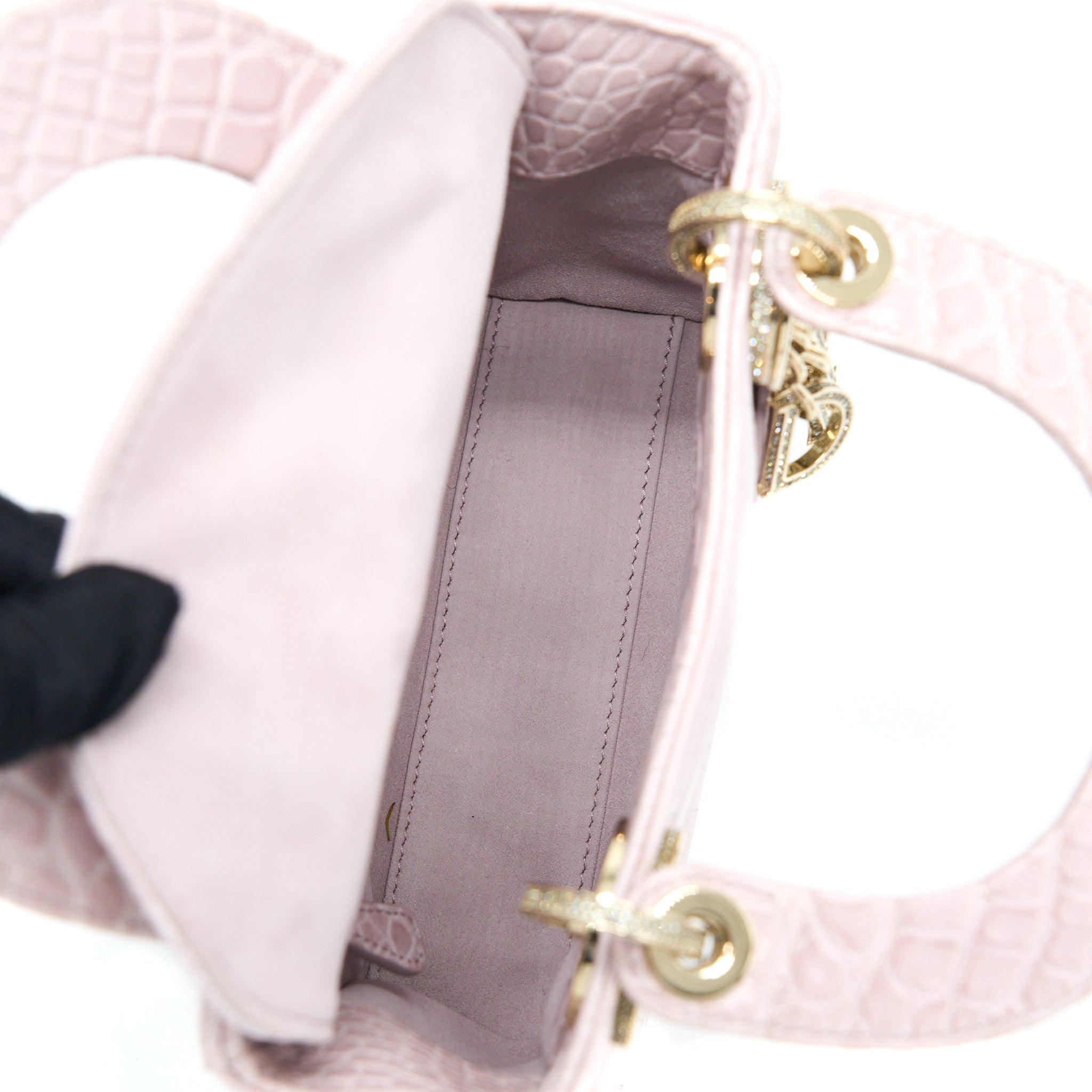DIOR MINI LADY DIOR ALLIGATOR MISSISSIPPIENSIS LIGHT PINK CRYSTAL LGHW