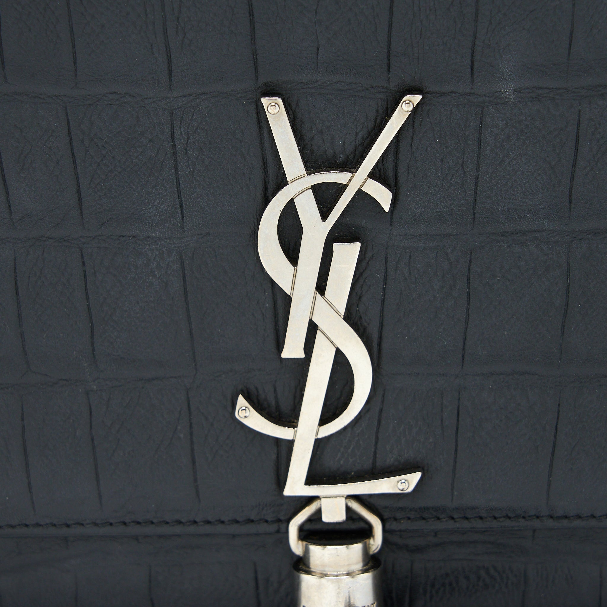 SAINT LAURENT KATE BAG CROC EMBOSSED LEATHER GREY SHW