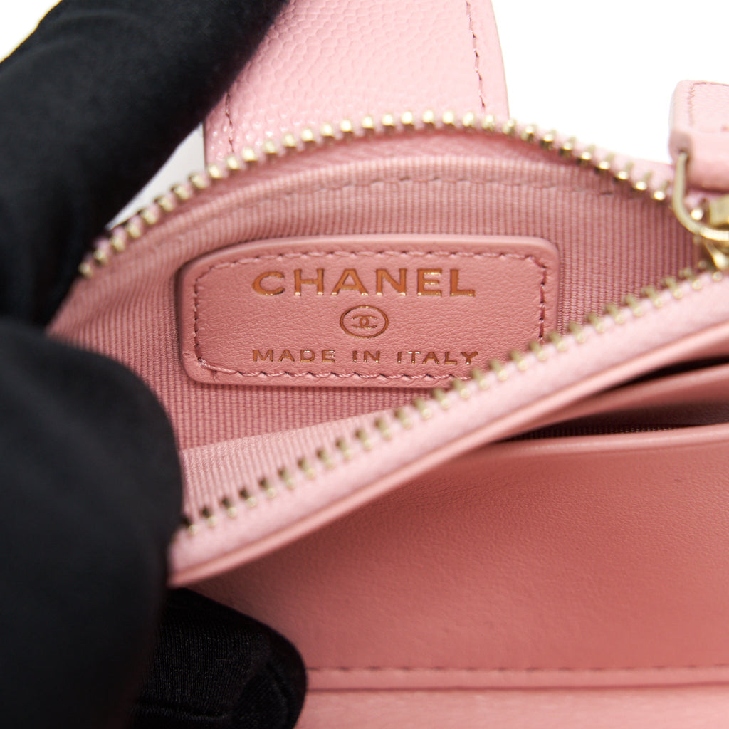 CHANEL DOUBLE ZIP CARD HOLDER CAVIAR PINK LGHW