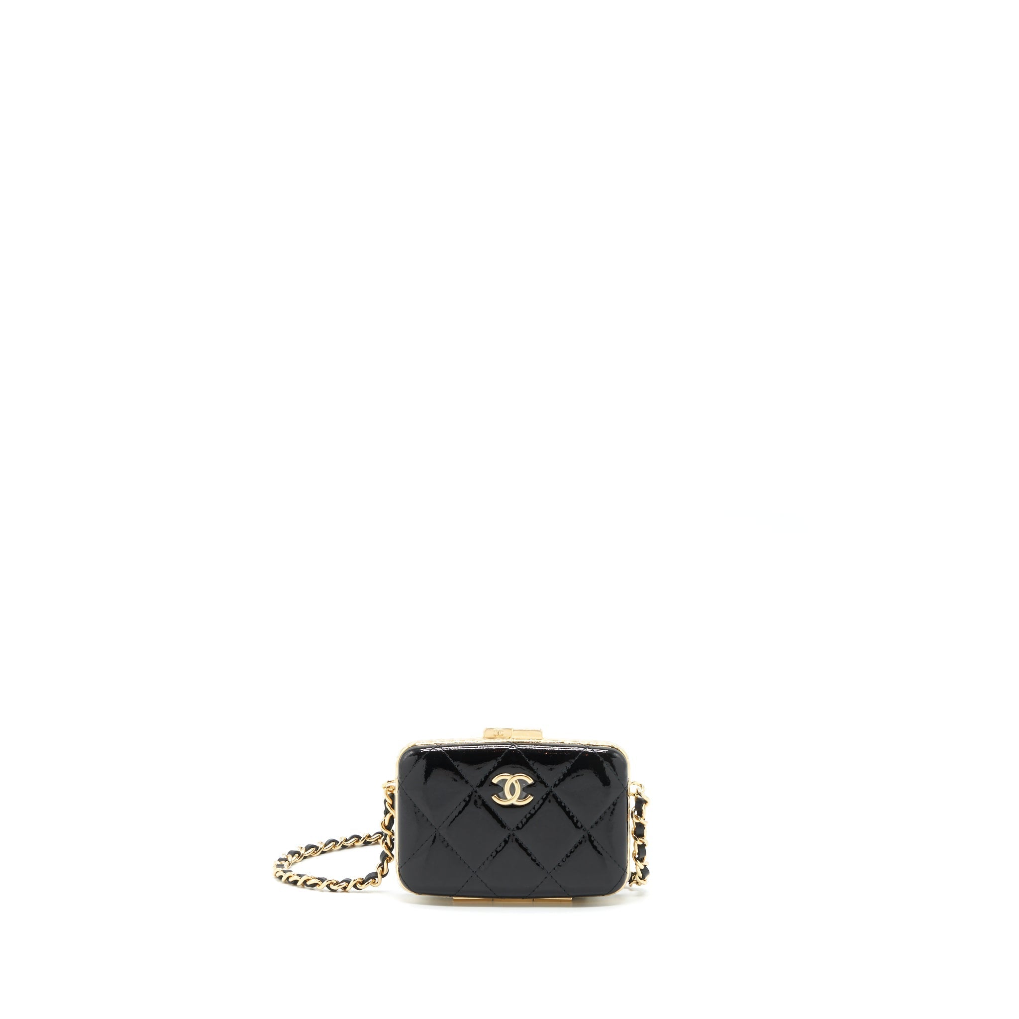 CHANEL 21A MINI CLIP BOX WITH CHAIN PATENT BLACK LGHW