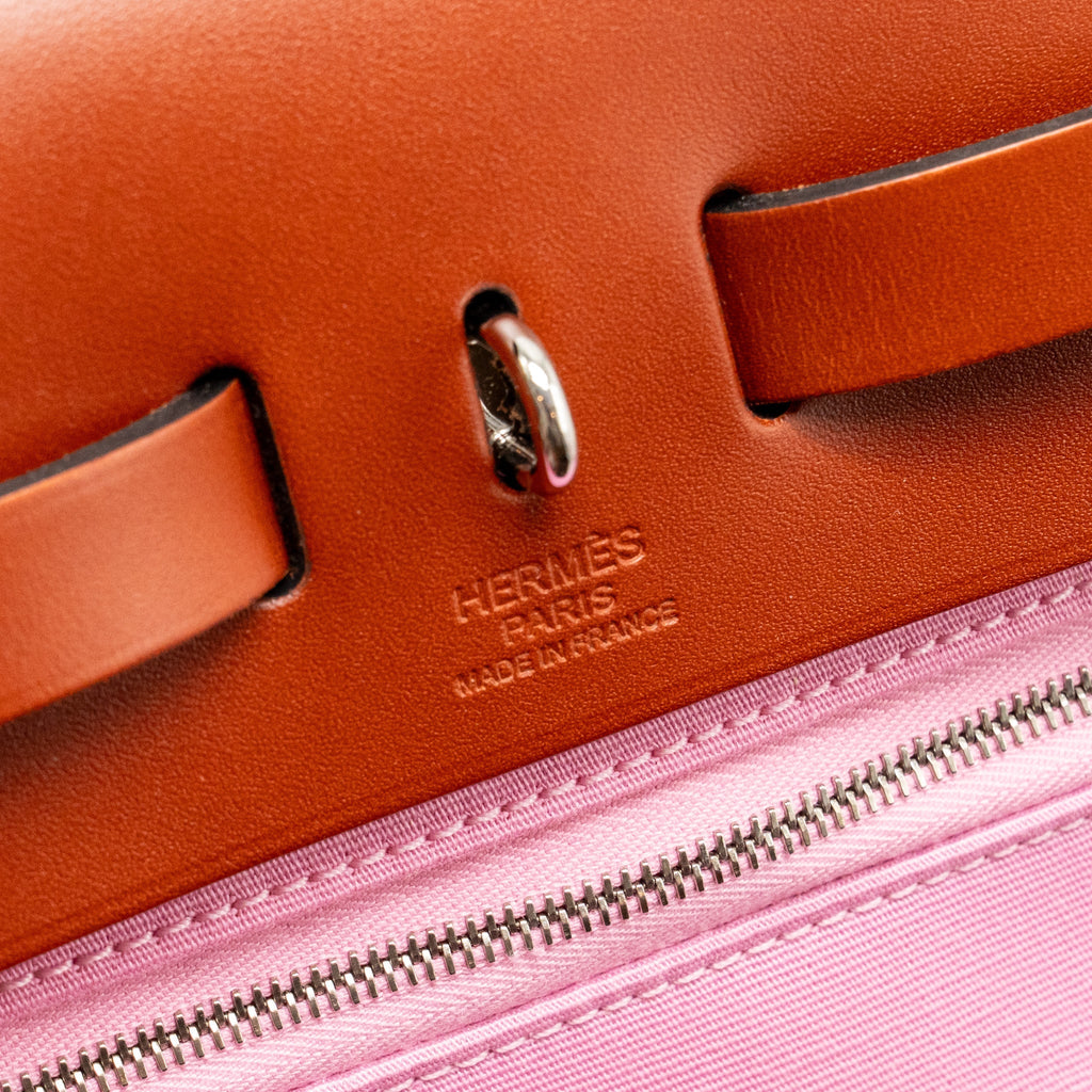 HERMES HERBAG 31 ZIP BAG CANVAS/HUNTER LEATHER PINK/CUIVRE SHW