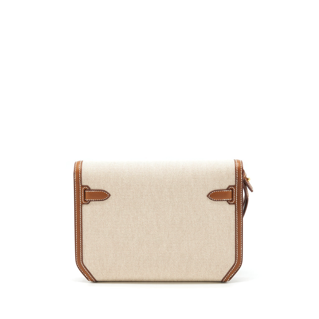 HERMES POCHETTE KELLY DEPECHES 25 CANVAS/BARENIA LEATHER ECRU BEIGE/ FAUVE GHW