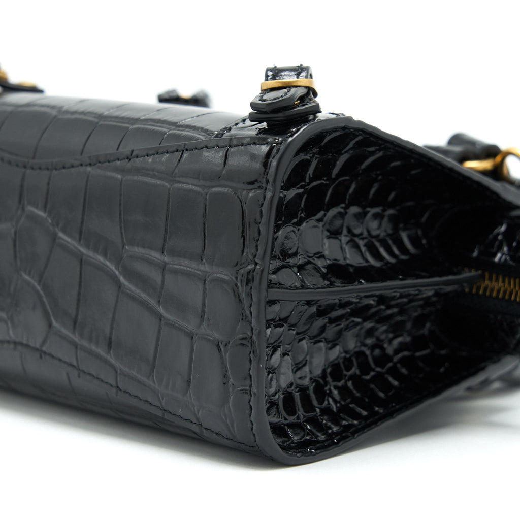 BALENCIAGA NANO NEO CLASSIC CITY BAG CROC-EMBOSSED CALFSKIN BLACK GHW