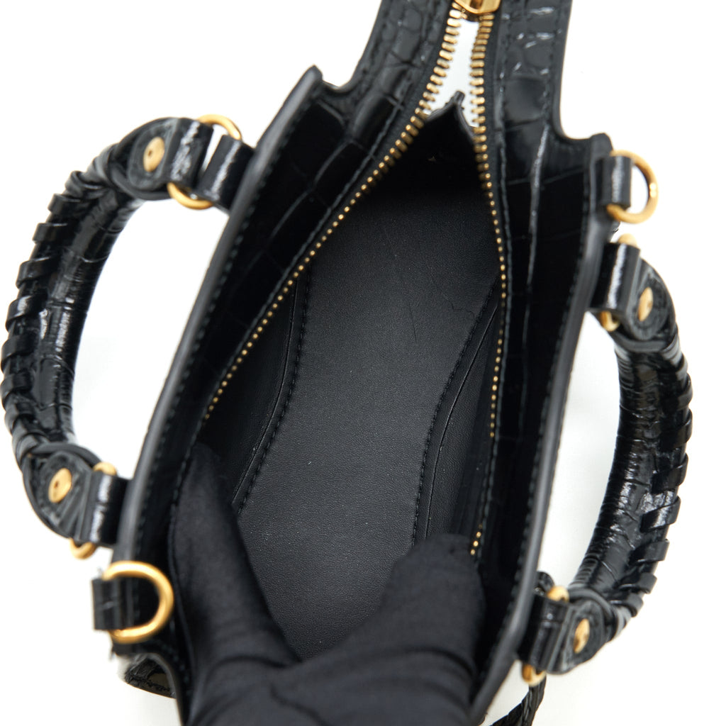 BALENCIAGA NANO NEO CLASSIC CITY BAG CROC-EMBOSSED CALFSKIN BLACK GHW