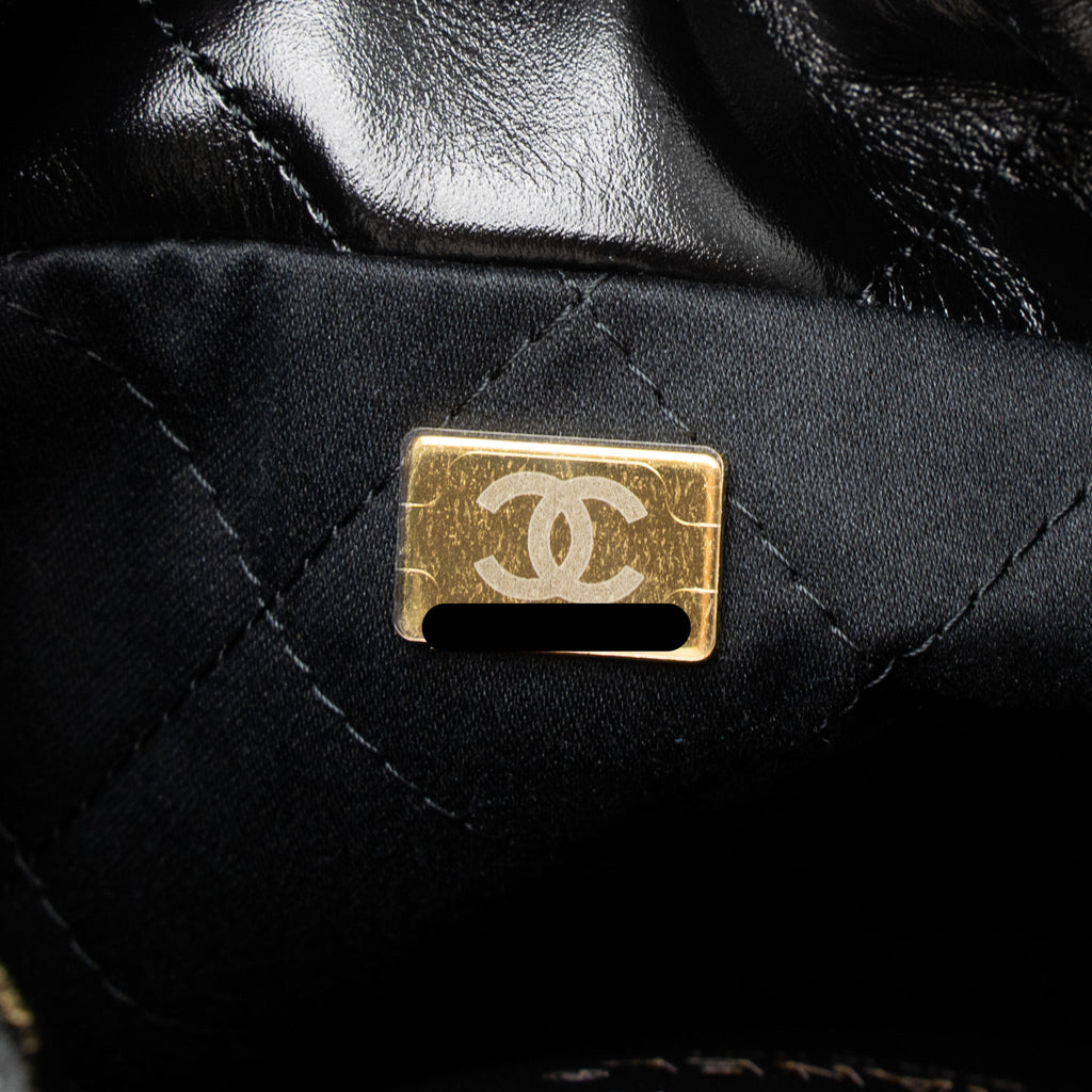 CHANEL 23S MINI 22 BAG SHINY CALFSKIN BLACK BRUSHED GHW (MICROCHIP)