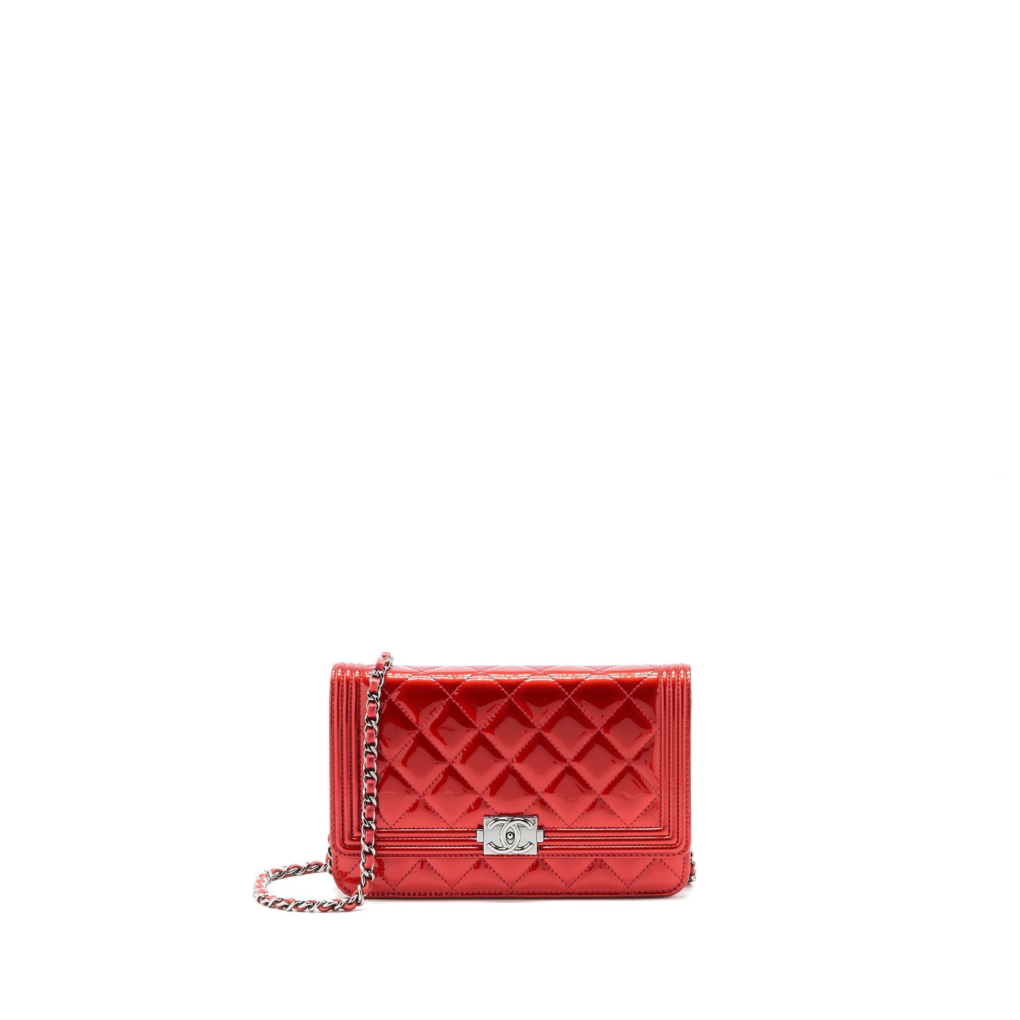 CHANEL BOY WALLET ON CHAIN PATENT METALLIC RED SHW