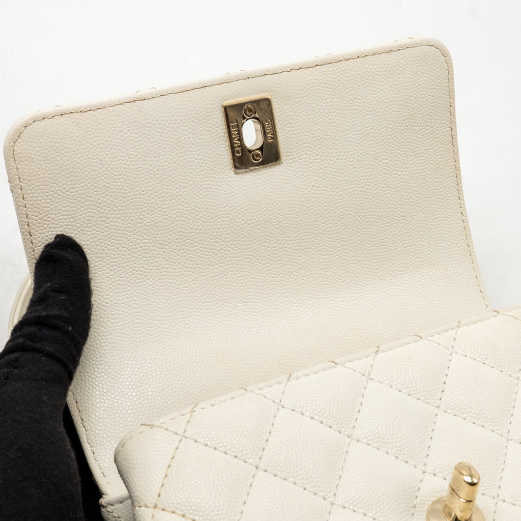 CHANEL MINI COCO HANDLE CAVIAR WHITE LGHW (MICROCHIP)