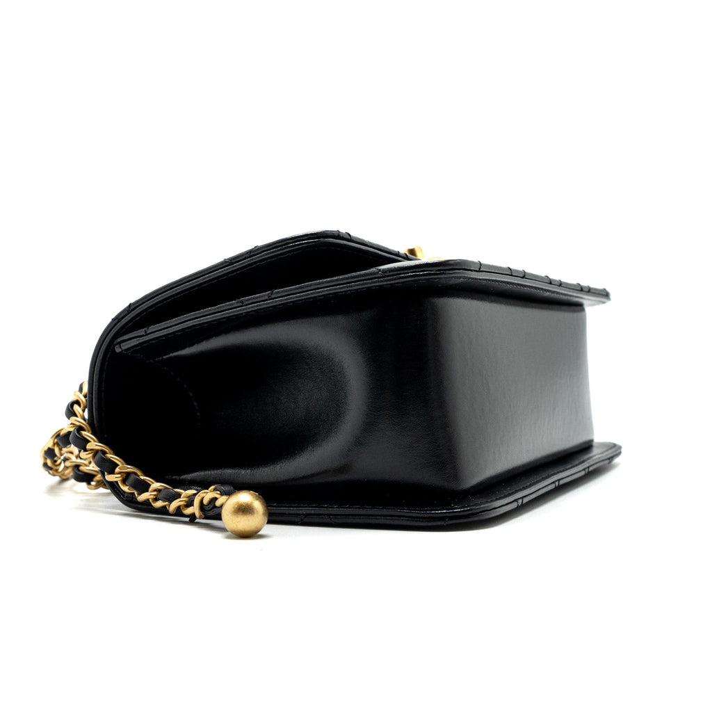 CHANEL 24C GOLD CRUSH MINI FLAP BAG CALFSKIN BLACK GHW (MICROCHIP)