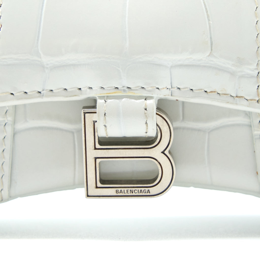 BALENCIAGA MINI HOURGLASS BAG CROC EMBOSSED CALFSKIN WHITE SHW