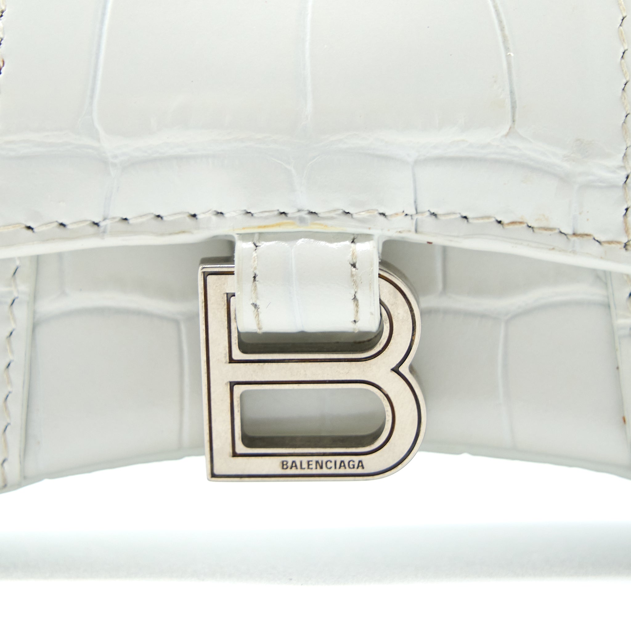 BALENCIAGA MINI HOURGLASS BAG CROC EMBOSSED CALFSKIN WHITE SHW