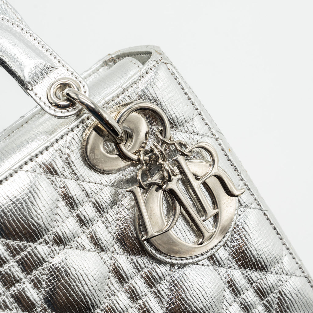 DIOR SMALL MY ABC LADY DIOR CANNAGE CALFSKIN METALLIC SILVER SHW