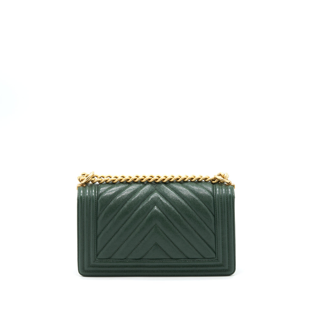 CHANEL CHEVRON MEDIUM BOY BAG CAVIAR GREEN BRUSHED GHW