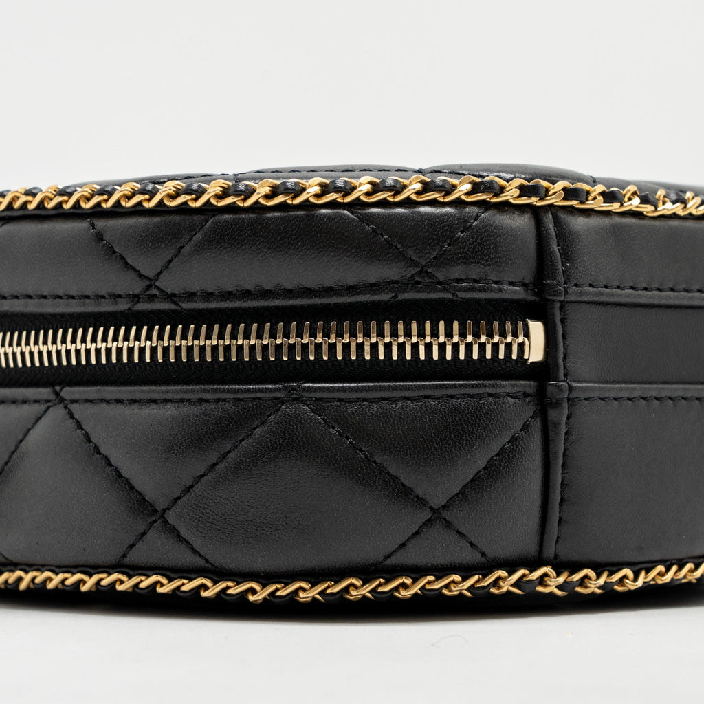 CHANEL ROUND VANITY WITH CHAIN LAMBSKIN BLACK GHW (MICROCHIP)