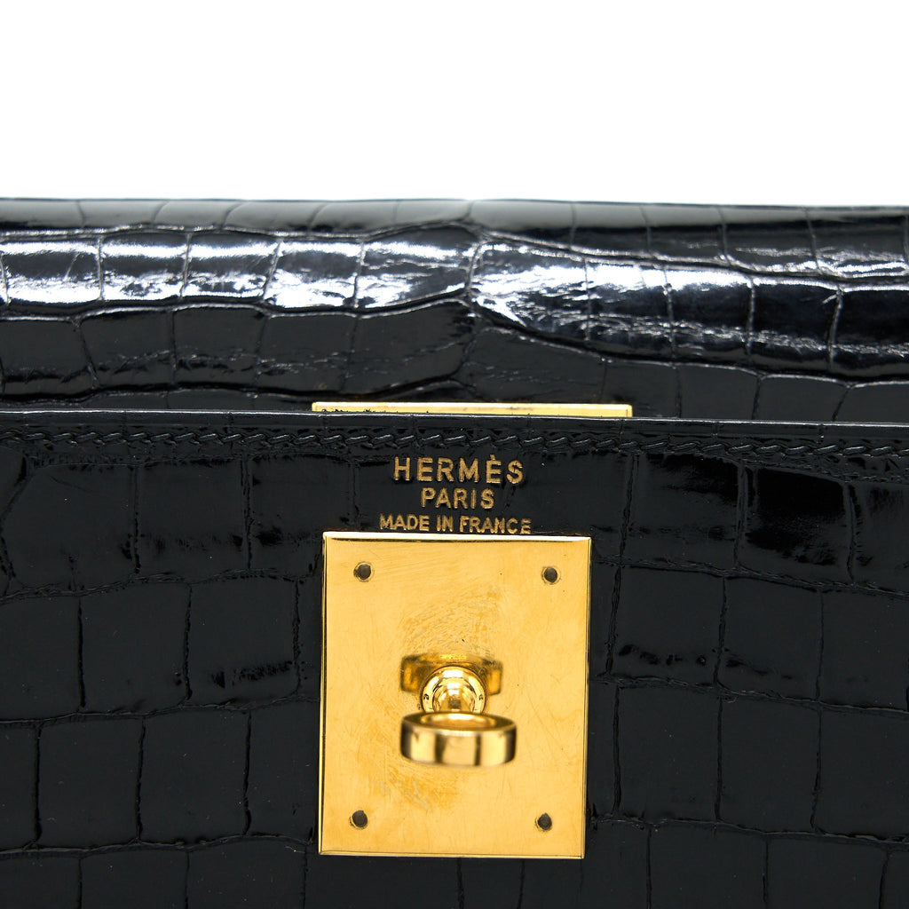 HERMES VINTAGE KELLY 28 ALLIGATOR BLACK GHW