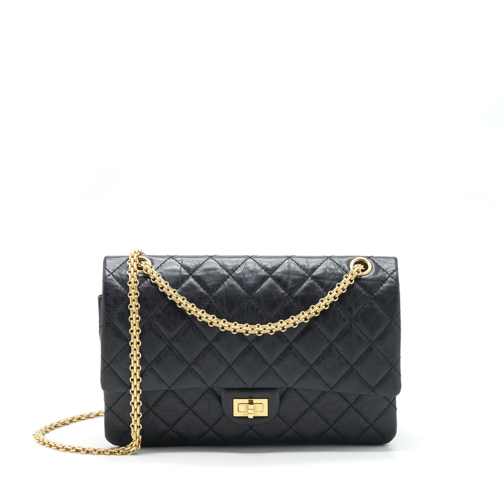 CHANEL 2.55 226 REISSUE MEDIUM DOUBLE FLAP BAG CALFSKIN BLACK RUTHENIUM GOLD HARDWARE