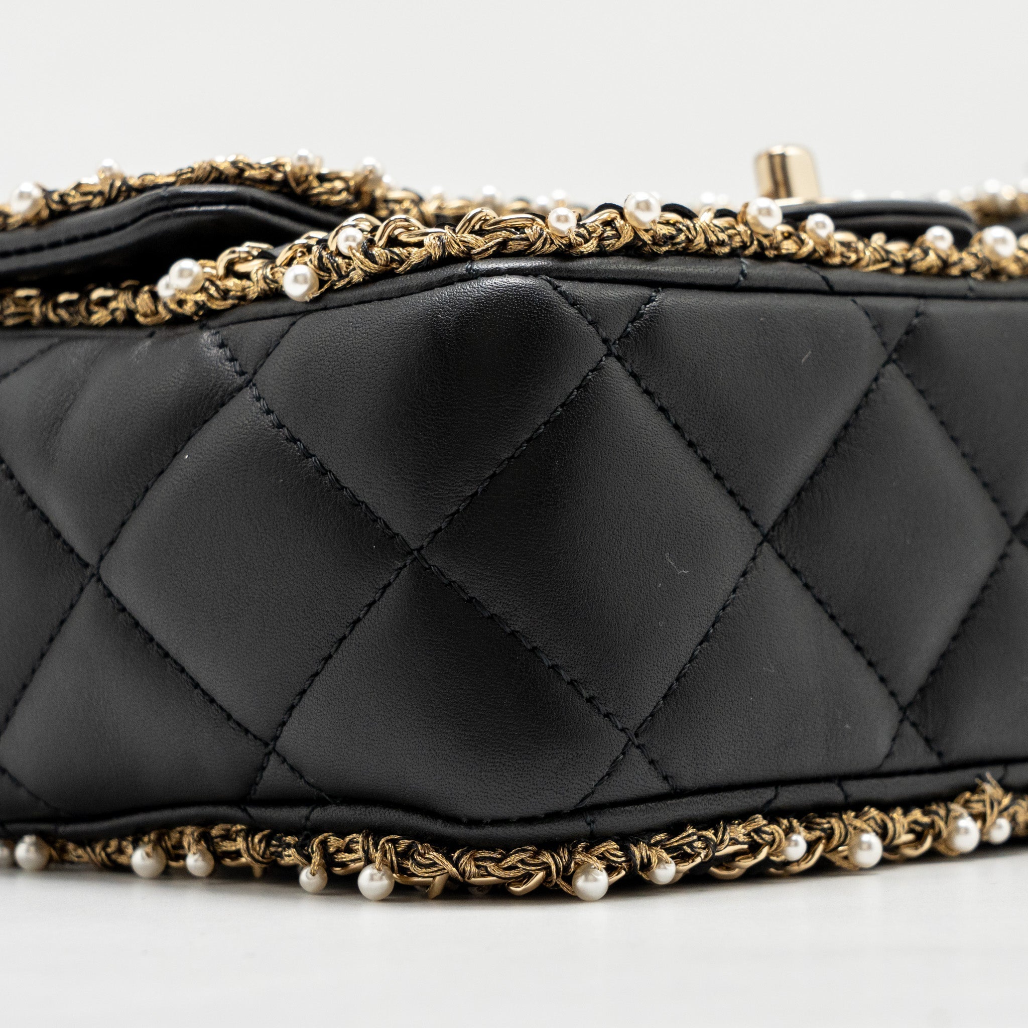CHANEL PEARL DETAILED EDGE MINI FLAP BAG LAMBSKIN BLACK LGHW (MICROCHIP)
