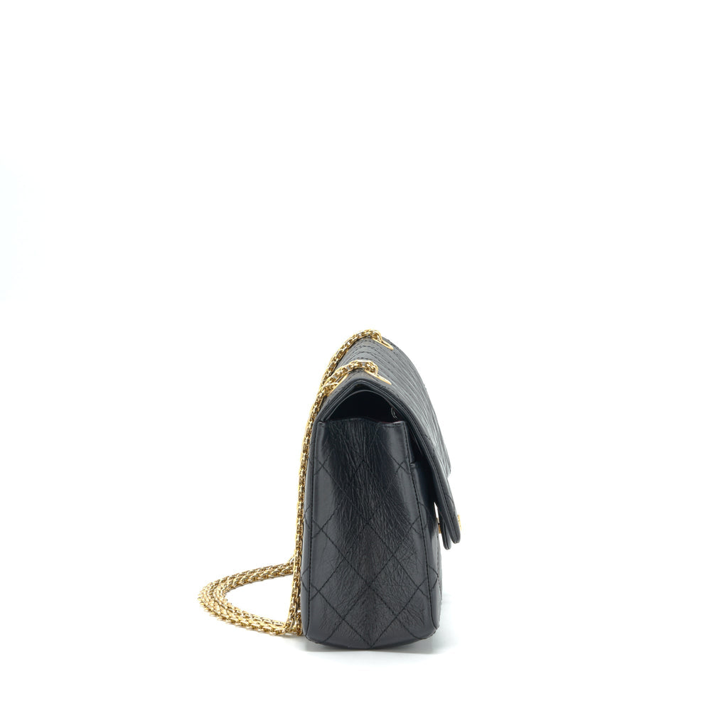 CHANEL 2.55 226 REISSUE MEDIUM DOUBLE FLAP BAG CALFSKIN BLACK RUTHENIUM GOLD HARDWARE