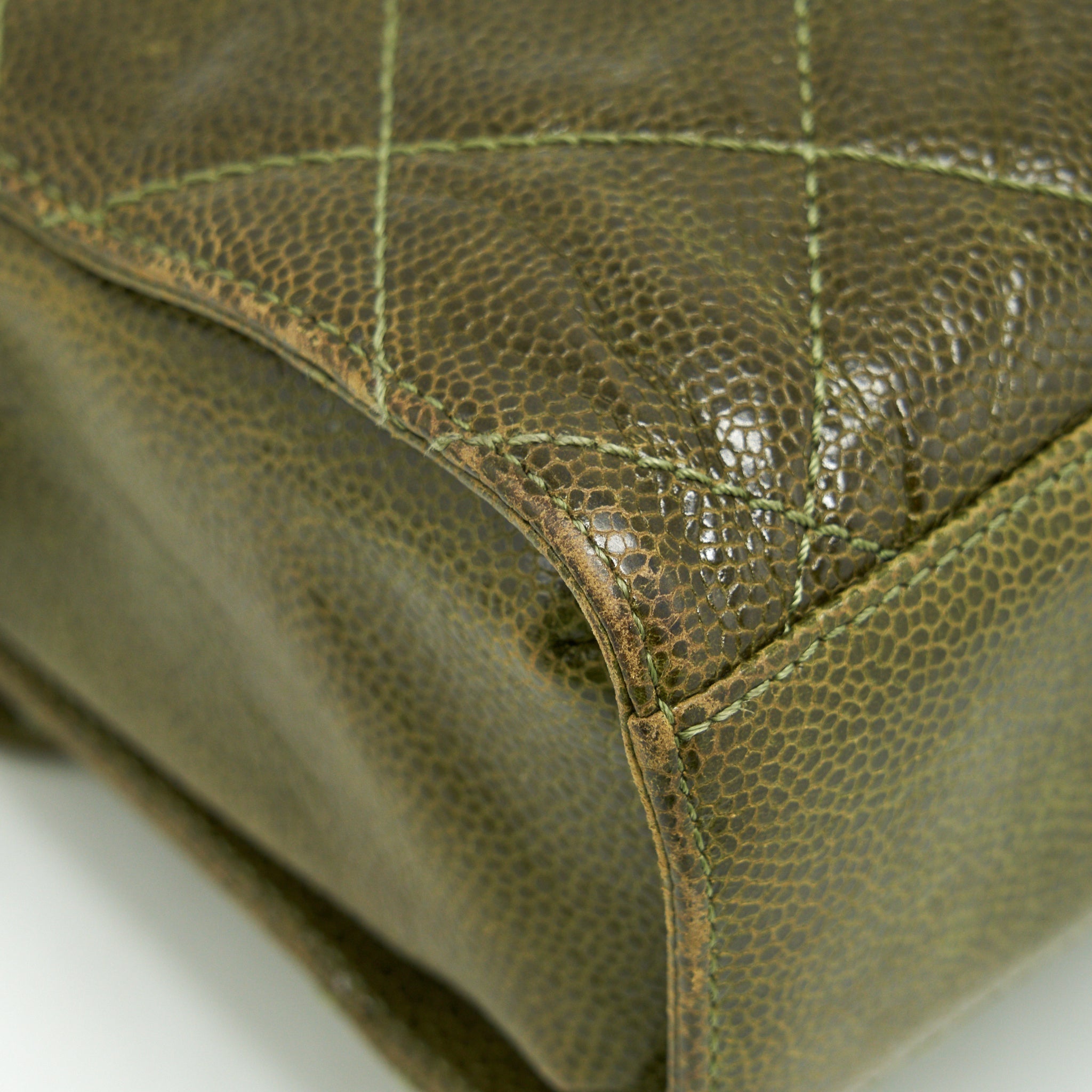 CHANEL QUILTED GRAINED CALFSKIN BAG OLIVE GREEN RUTHENIUM HARDWARE