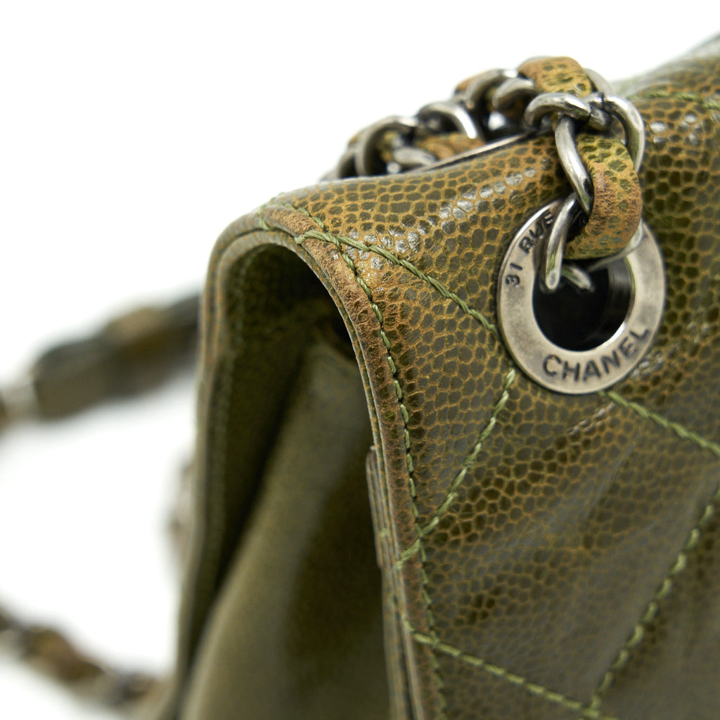 CHANEL QUILTED GRAINED CALFSKIN BAG OLIVE GREEN RUTHENIUM HARDWARE