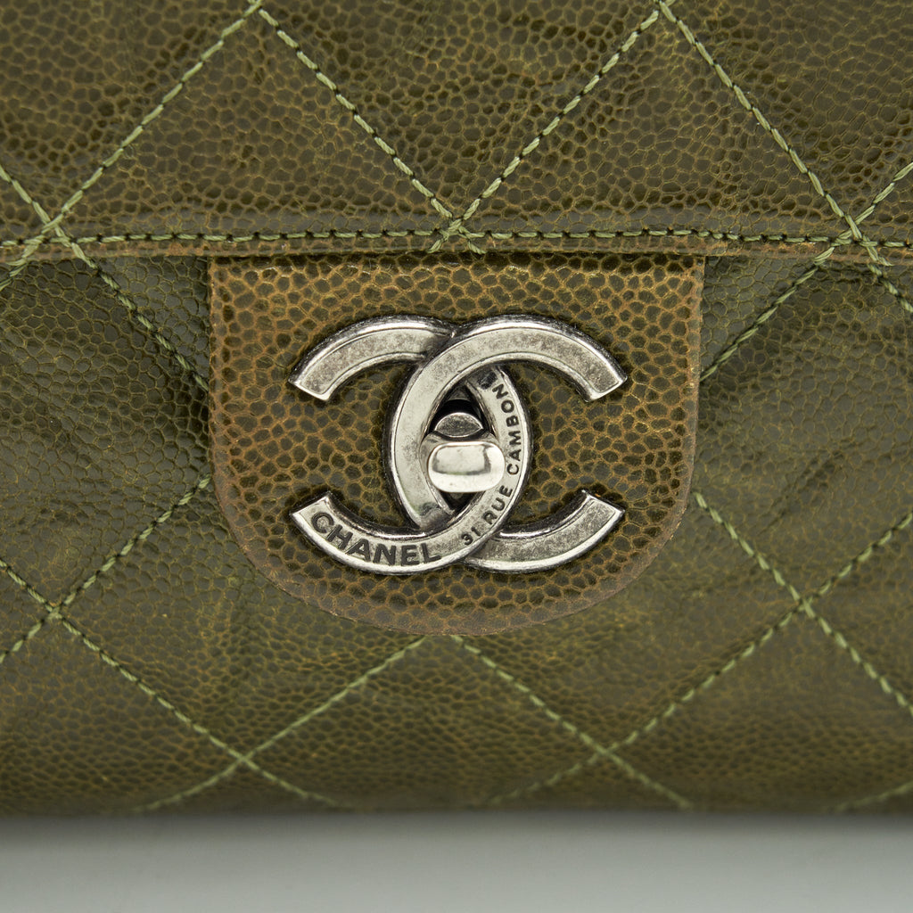 CHANEL QUILTED GRAINED CALFSKIN BAG OLIVE GREEN RUTHENIUM HARDWARE
