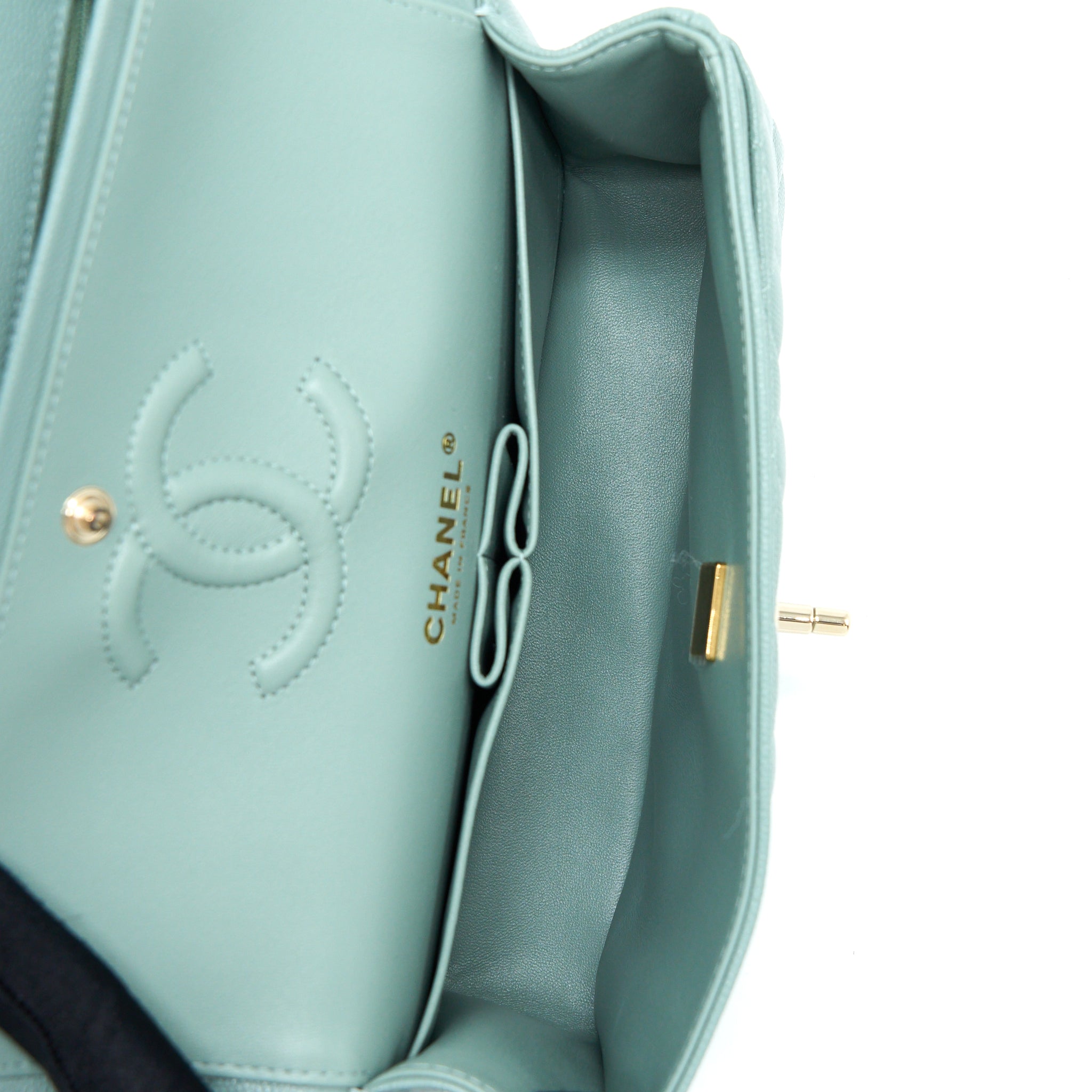 CHANEL 22C SMALL CLASSIC DOUBLE FLAP BAG CAVIAR NG124 GREYISH GREEN LGHW (MICROCHIP)