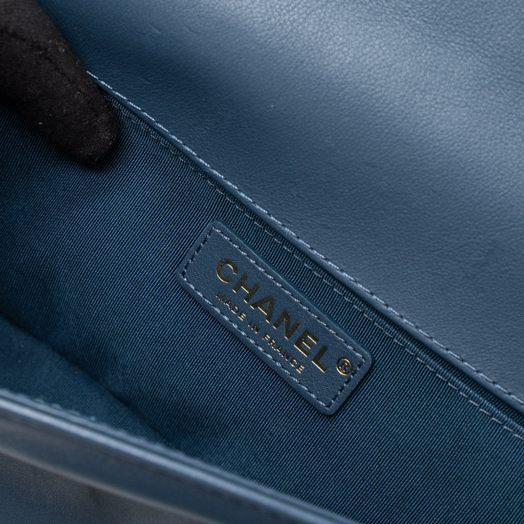CHANEL TOP HANDLE BOY BAG LAMBSKIN DARK BLUE BRUSHED GHW