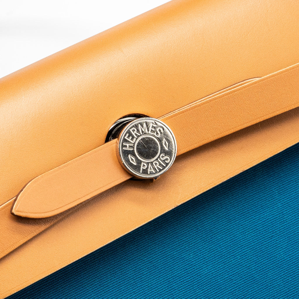 HERMES HERBAG ZIP 31 BAG CANVAS / HUNTER LEATHER BLUE SHW SQUARE Q