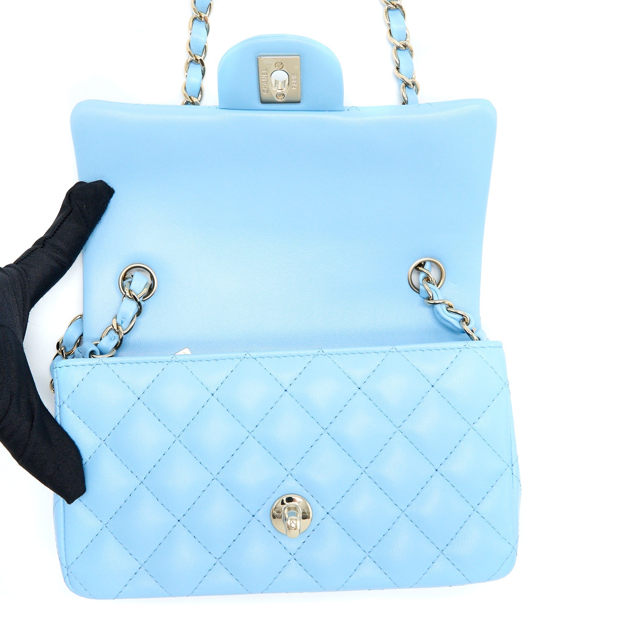 CHANEL MINI RECTANGULAR FLAP BAG LAMBSKIN BLUE LGHW (MICROCHIP)